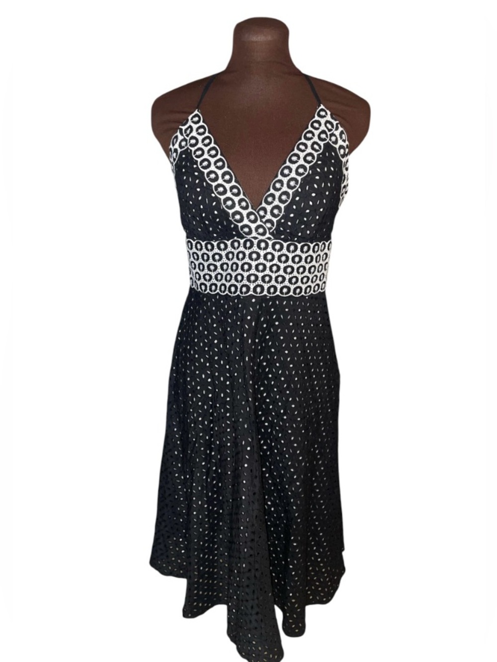 PHOEBE COUTURE Black White Peekaboo Eyelet Full Skirt Halter Dress Size 6